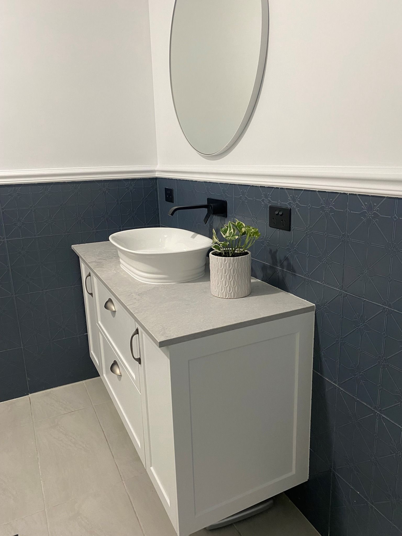 Bathroom With White Vanity, Vessel Sink, Black Faucet, and Mirror — Taylormade Constructions & Renovations In Kingaroy, QLD