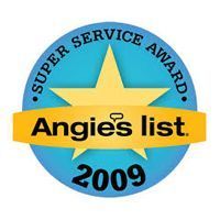 Angie's List Super Service Award 2009 badge with blue circle, yellow star, and orange banner