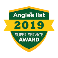 Angie's List 2019 Super Service Award shield in green, yellow, and white
