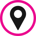 Black location pin icon with a pink circular border on a white background