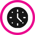 Black clock face with white hands and dots inside a bright pink circular border
