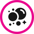 Black circles and sparkles inside a pink ring, resembling a celestial or space icon