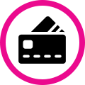 Black wallet icon inside a pink circle border