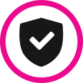 Black shield with a white checkmark inside a pink ring