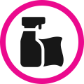 Black spray bottle and cloth icon inside a pink circle outline.