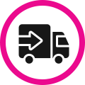 Black delivery truck icon with white arrow, outlined in a pink circle