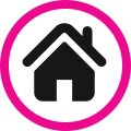 Black house icon inside a pink circle on a white background