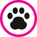 Black paw print inside a pink circle on a white background