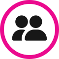 Black two-person icon inside a pink circle with a white background