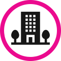 Black building icon with trees inside a pink circle on a white background