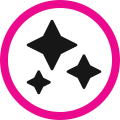Black sparkle icon inside a pink circle.