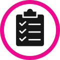 Black clipboard checklist icon inside a pink circle on a white background