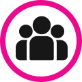 Black group of people icon inside a pink circle border