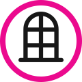 Black window icon inside a magenta circle