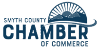 Smyth County Chamber of Commerce logo with blue text and a sun over mountains and a winding road