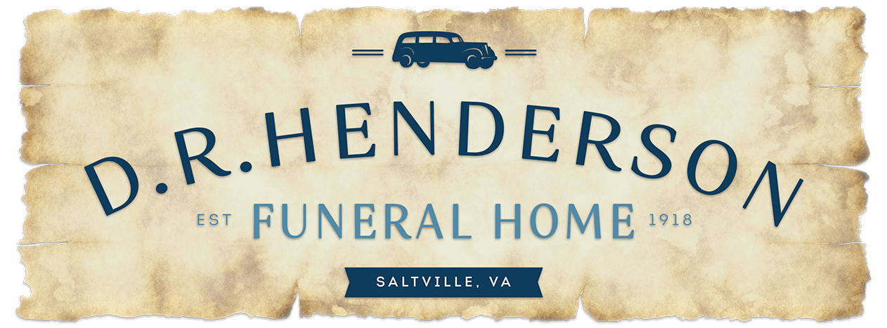 D.R. Henderson Funeral Home logo on distressed beige background with dark blue text and car icon