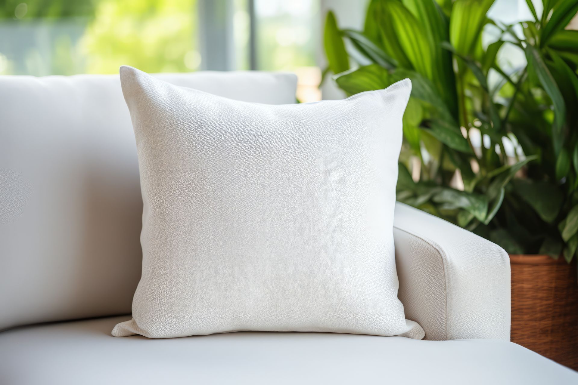 White textured pillow on a white sofa, with green foliage in the background.