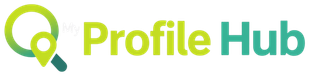 ProfileHub logo with green magnifying glass icon and lime-to-teal text on a white background