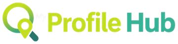ProfileHub logo with green magnifying glass icon and lime-to-teal text on a white background