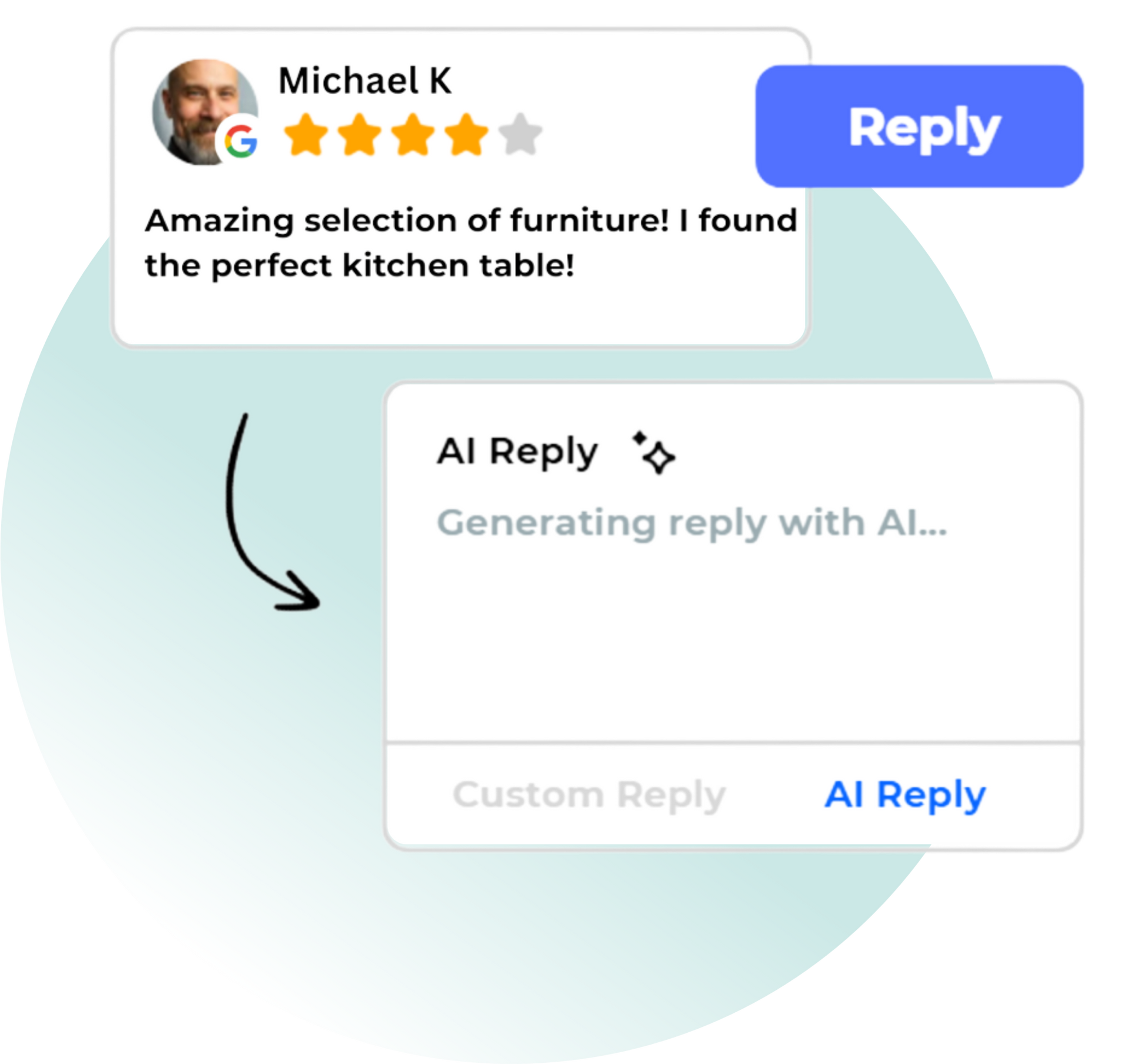 Customer review on furniture with AI reply interface and blue “Reply” button over a pastel background