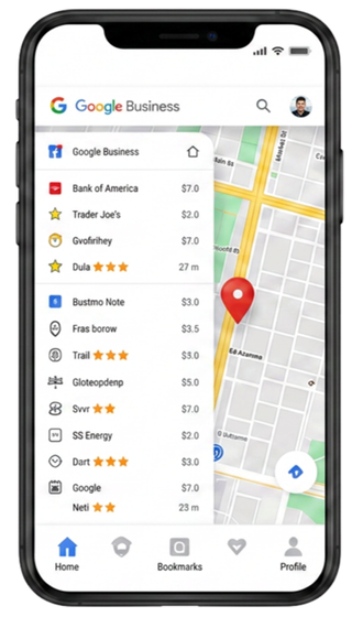 Google Business app on a phone showing nearby places list and map with a red location pin