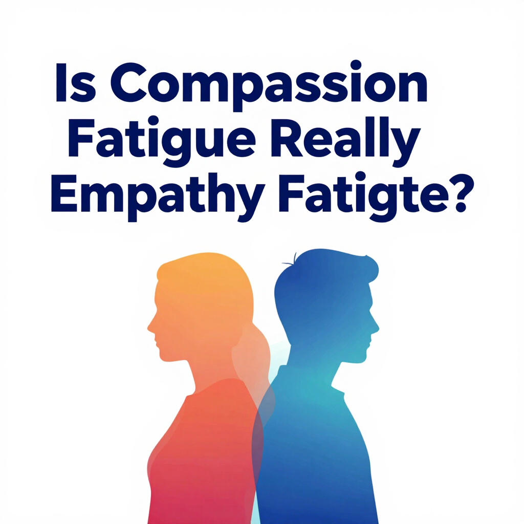 Text graphic reading “Is Compassion Fatigue Really Empathy Fatigue?” with two back-to-back silhouette profiles in orange and blue.
