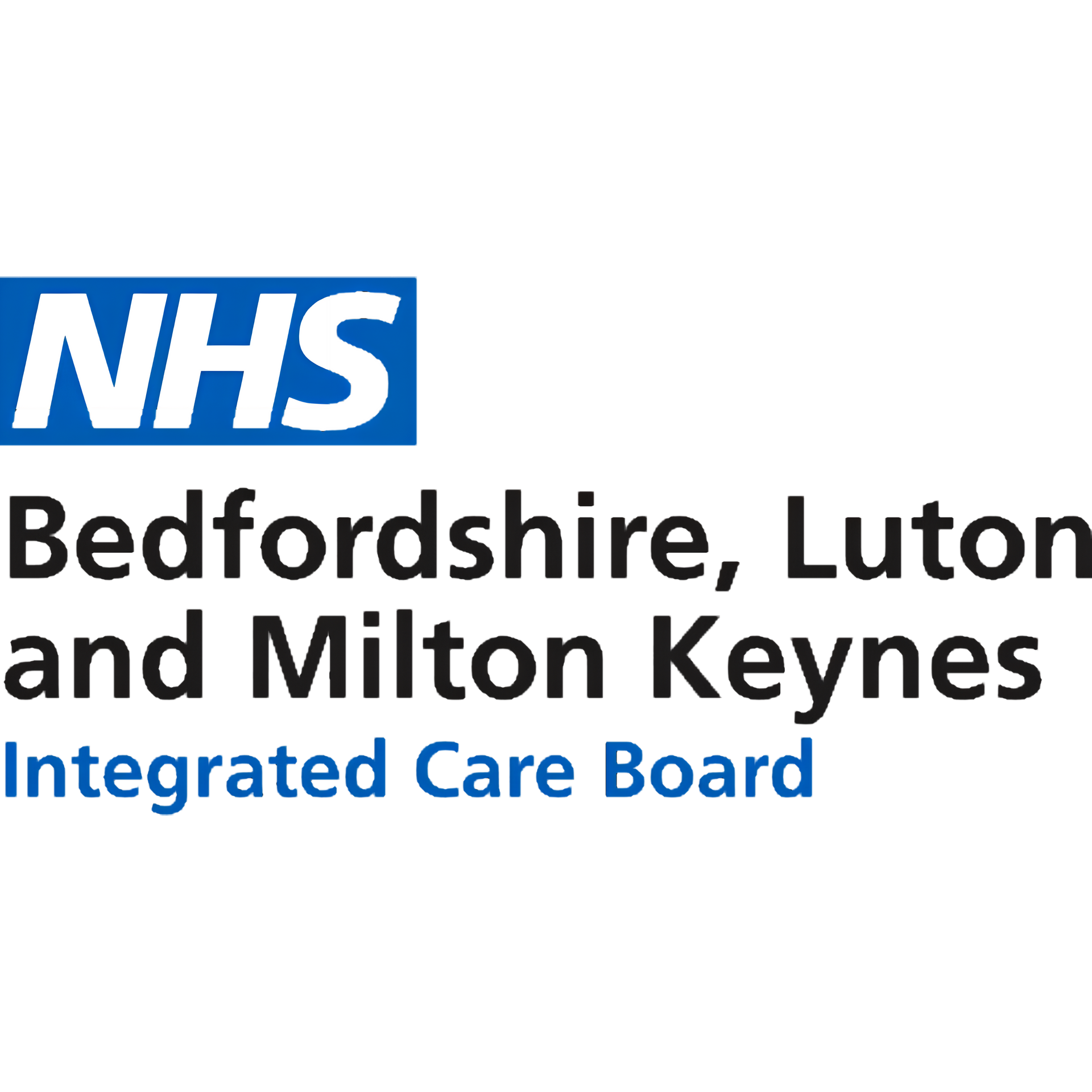 NHS logo with Bedfordshire, Luton and Milton Keynes Integrated Care Board text on white background