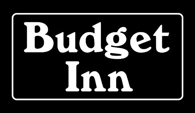 The budget inn logo is white on a black background.