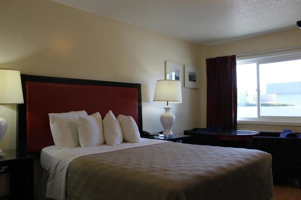 A hotel room with a large bed and two lamps