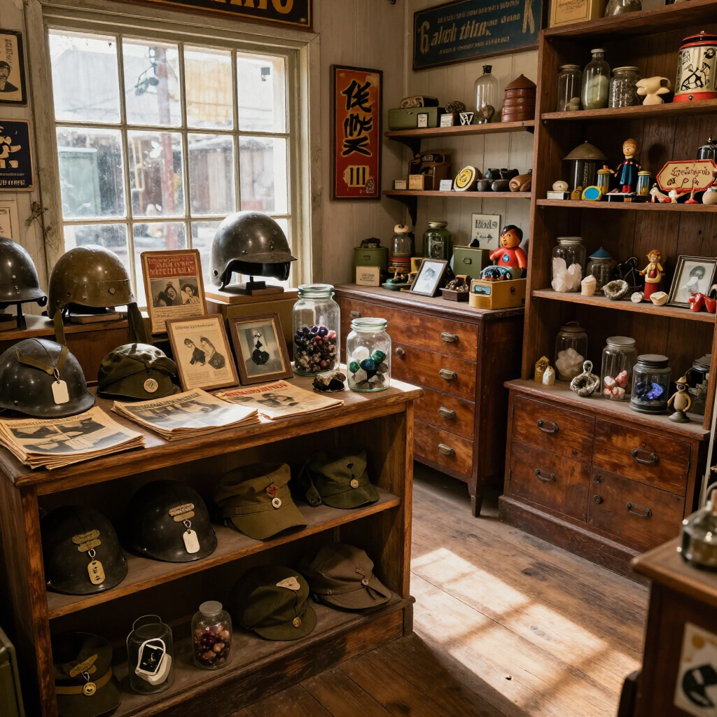 A shop corner featuring military items, old magazines, rock shop goods, and strange collectibles.