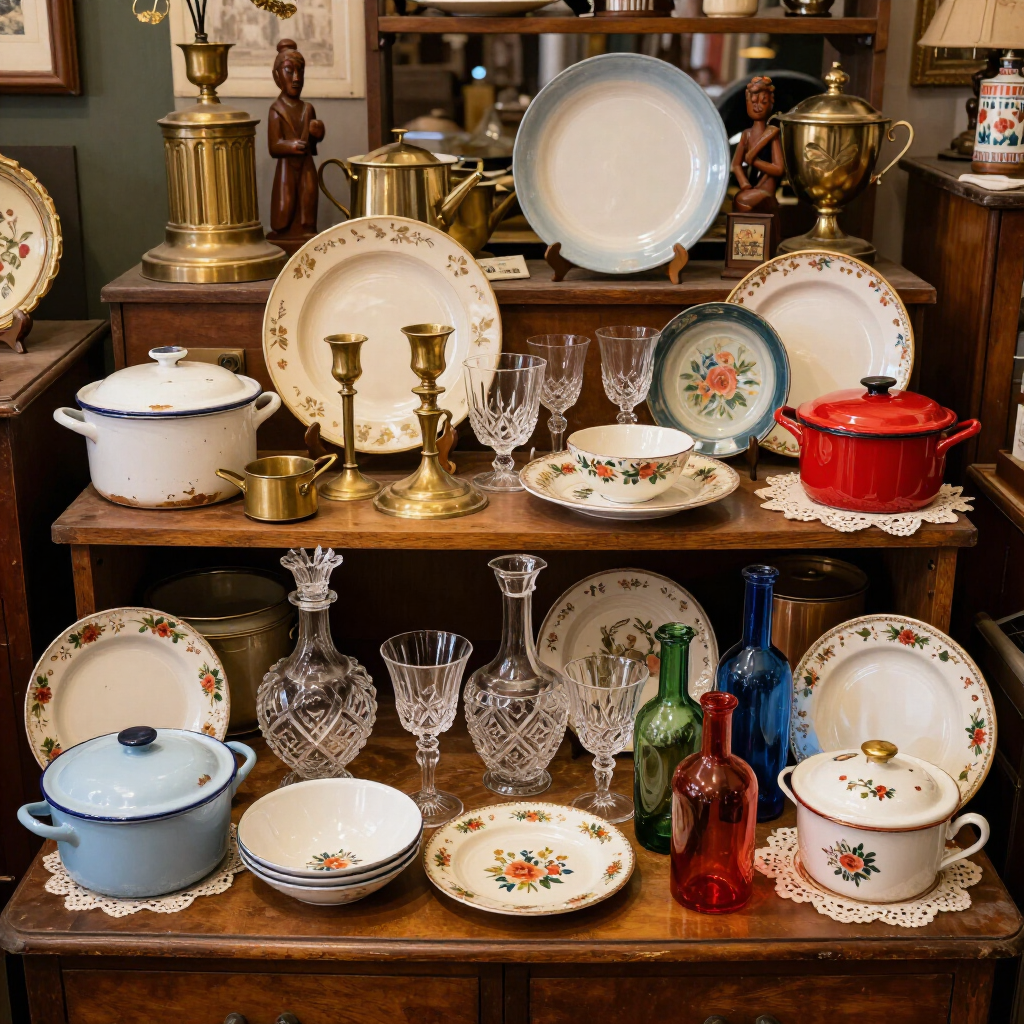A vintage display of retro kitchenware, glassware, and home decor inside Retro Rooster.