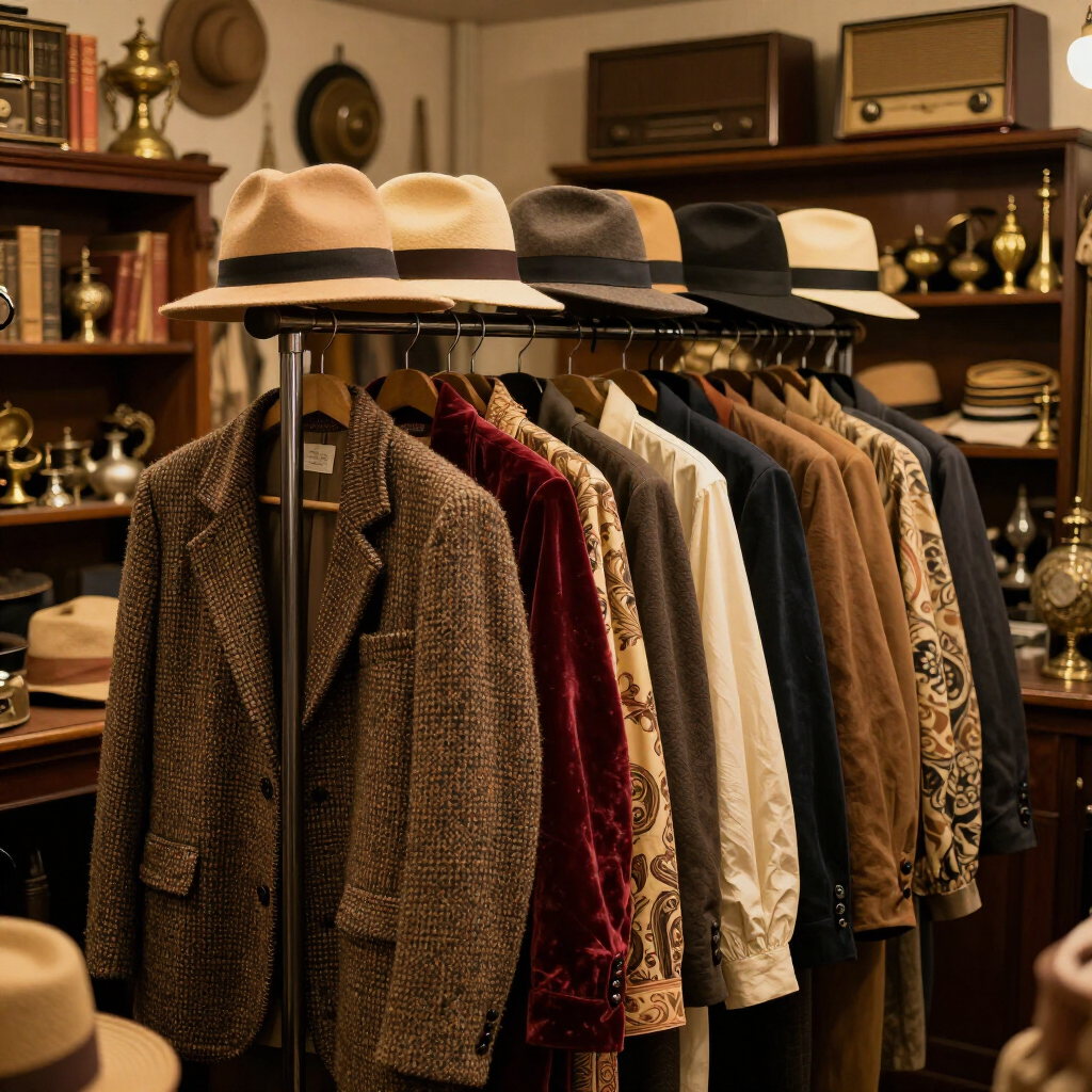 A rack of vintage clothing and hats in the shop.