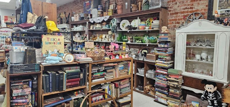 Cluttered vintage shop with shelves of books, toys, and collectibles, plus a white glass cabinet and stuffed monkey