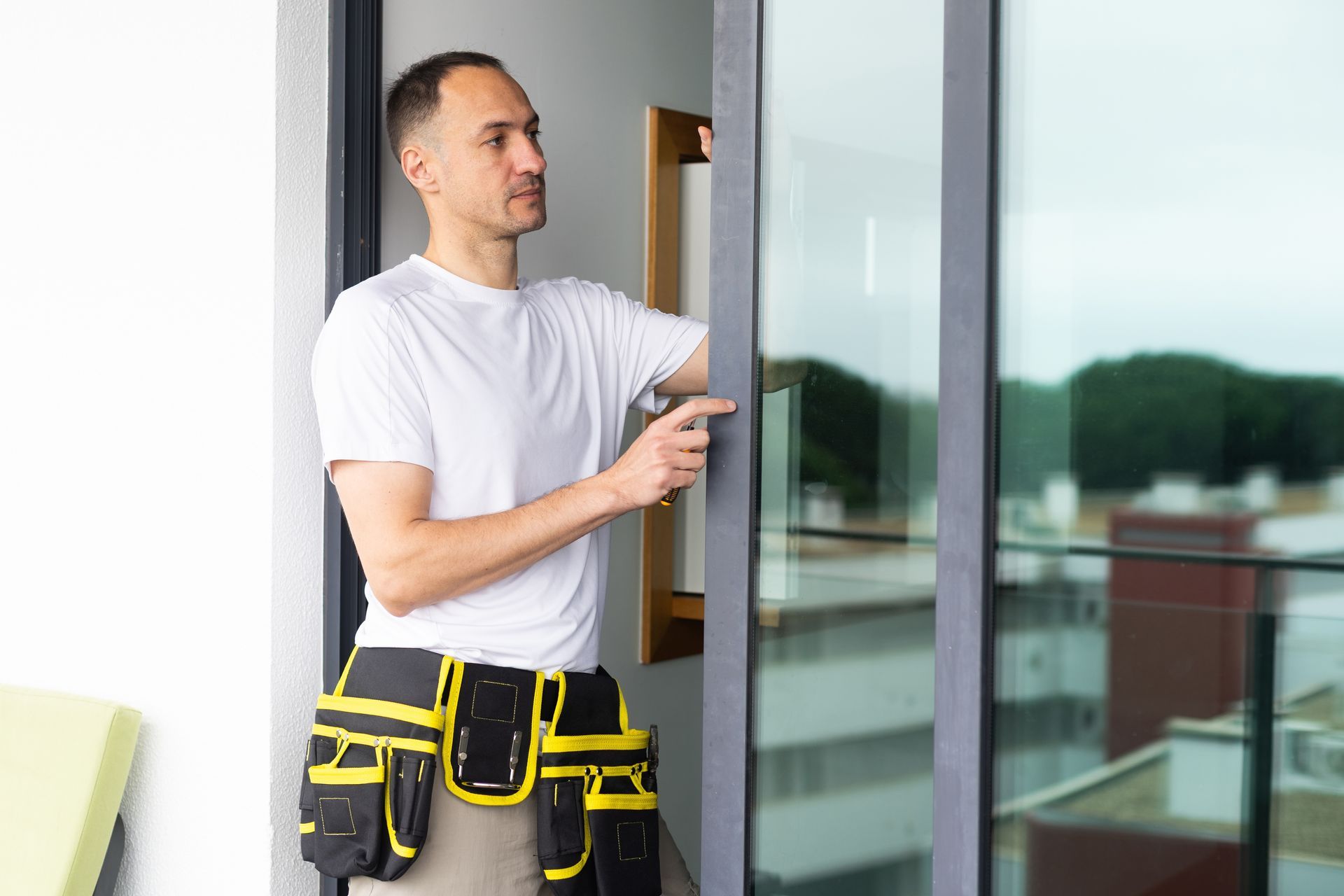 Worker in a white shirt using a tool at a sliding glass door.