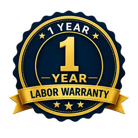 Gold and navy 1-year labour warranty badge with stars and ribbon