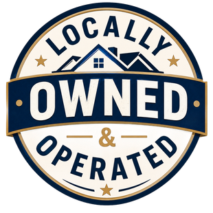 Circular “Locally Owned & Operated” badge in navy, white, and gold with mountain and house icons.
