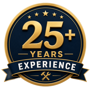 Gold and navy badge reading “25+ Years Experience” with stars and crossed tools icons