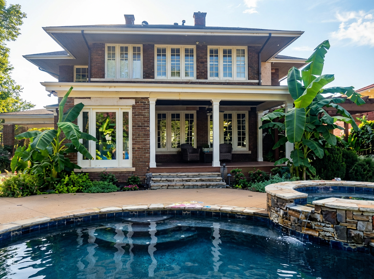 A large house with a swimming pool in front of it