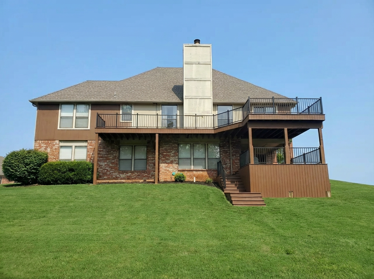 Suburban house with brick and wood exterior, screened porch, deck, chimney, and green lawn