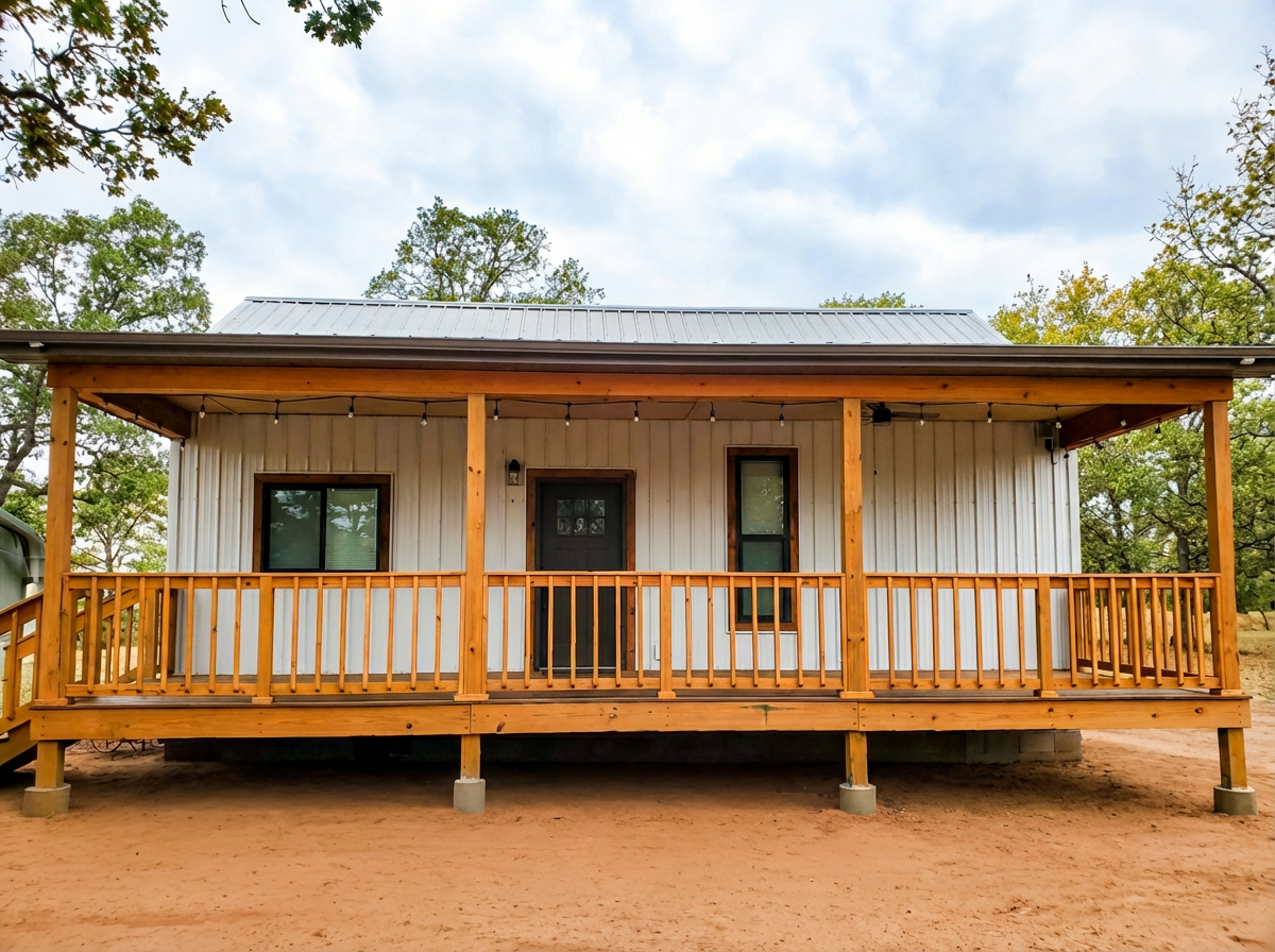 White cabin with a wooden porch and railings, set against a cloudy sky.