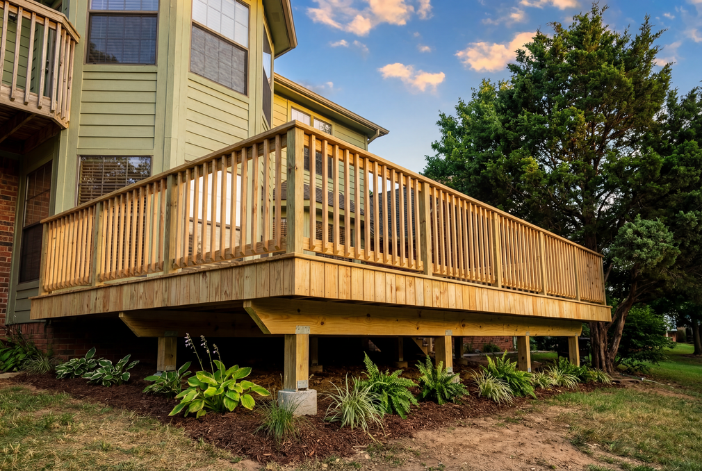 Wooden deck with railing beside a house, set above a garden with greenery and trees