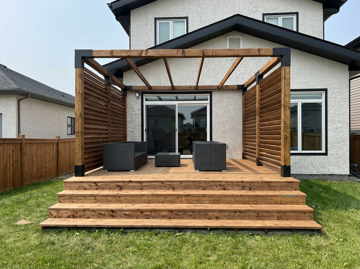 Wooden deck with pergola and outdoor furniture in front of a house.