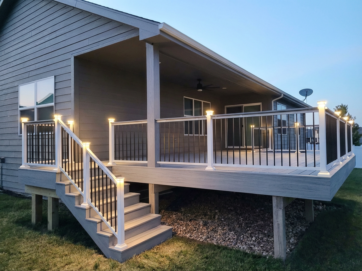 Raised wooden deck with stairs and white railings attached to a house at dusk