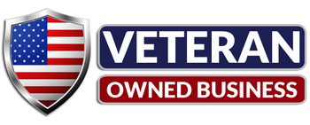 Veteran-owned business logo with a U.S. flag shield and blue and red text