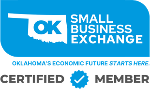 OK Small Business Exchange certified member badge with blue logo and text, “Oklahoma’s economic future starts here.”
