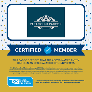 Paramount Patios + certified member badge with blue ribbon and Oklahoma Small Business Exchange logo