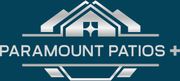 Paramount Patios logo in white on a dark teal background with a stylized roof icon