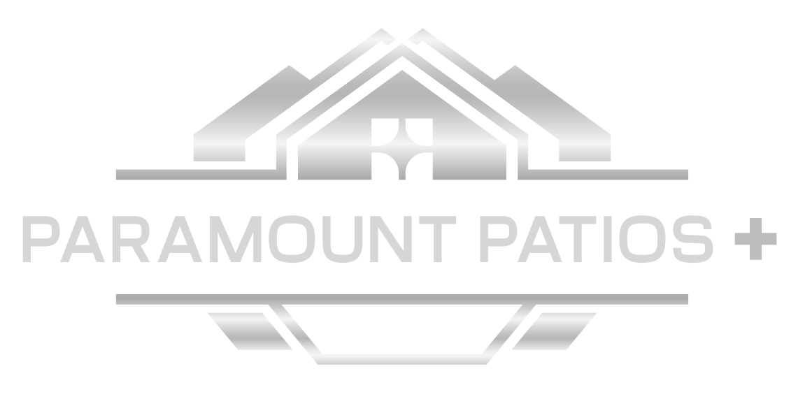 The logo for paramount patios + shows a house with a mountain in the background.