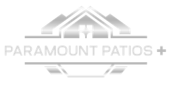 The logo for paramount patios + shows a house with a mountain in the background.