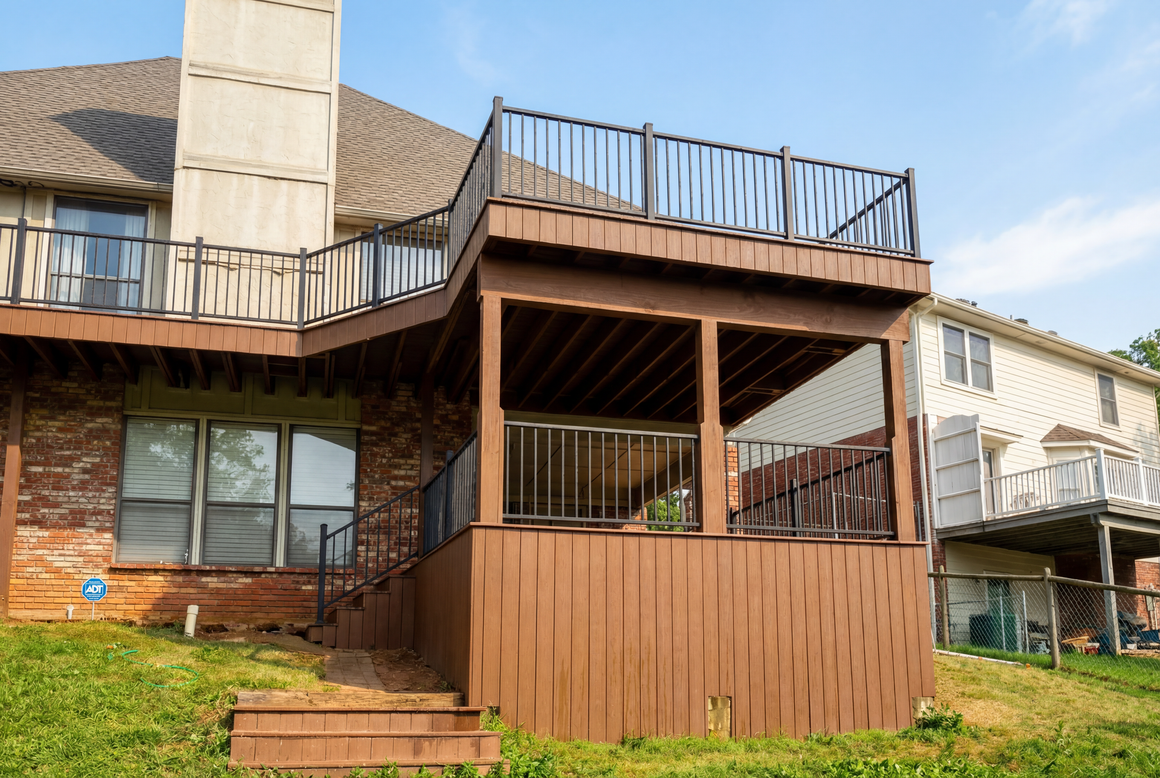 Two-story brown wooden deck attached to a house with black railings. Green lawn in the foreground, blue sky.